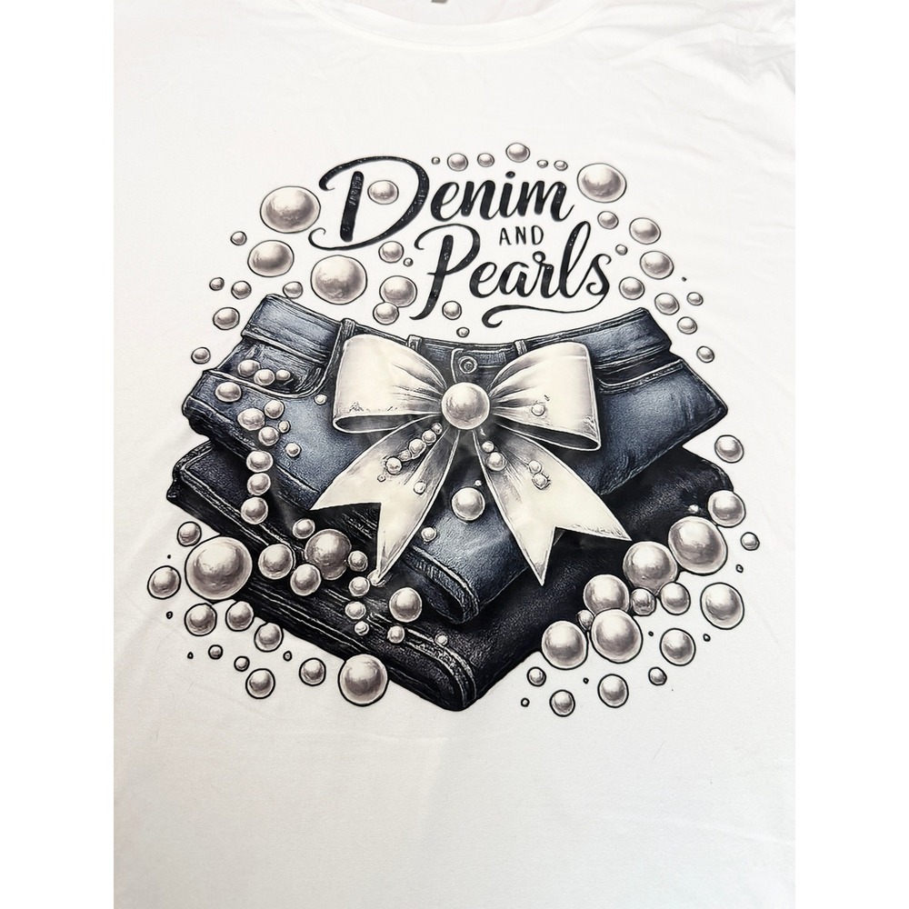 Denim and Pearls Graphic T-Shirt White Plus Size 5XL Short Sleeve Crewneck Tee - Picture 1 of 7